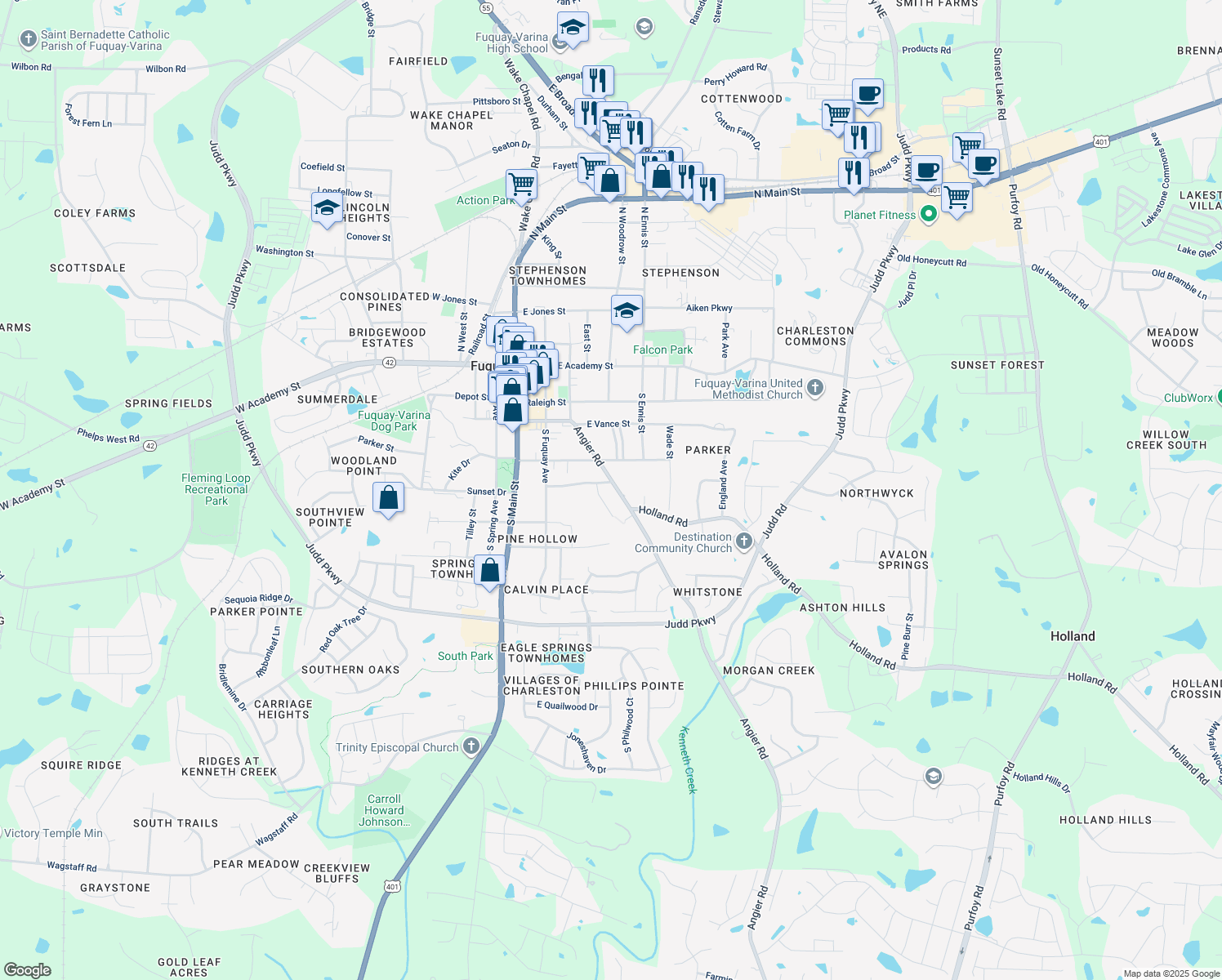 map of restaurants, bars, coffee shops, grocery stores, and more near 502 Angier Road in Fuquay Varina
