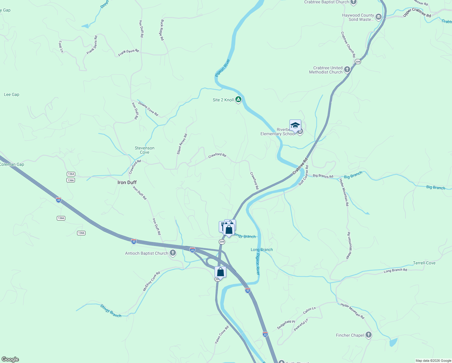 map of restaurants, bars, coffee shops, grocery stores, and more near 277 Mirah Lane in Waynesville