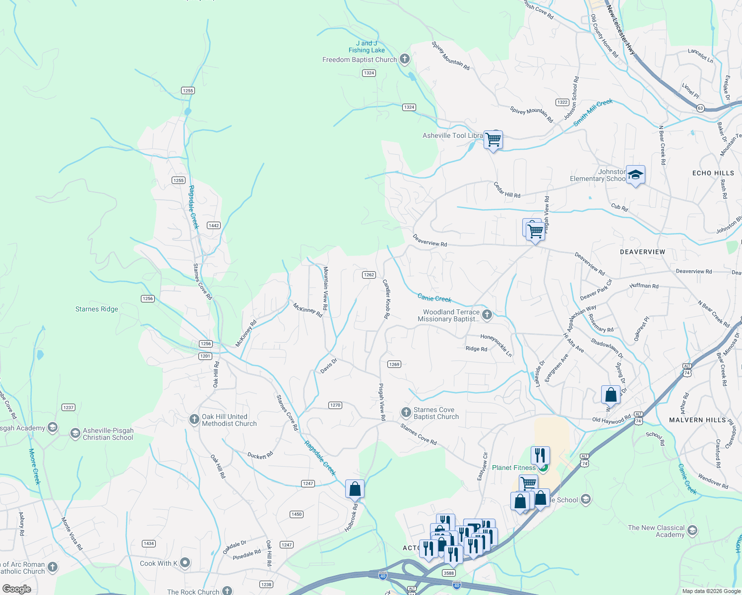 map of restaurants, bars, coffee shops, grocery stores, and more near 37 Udell Court in Asheville
