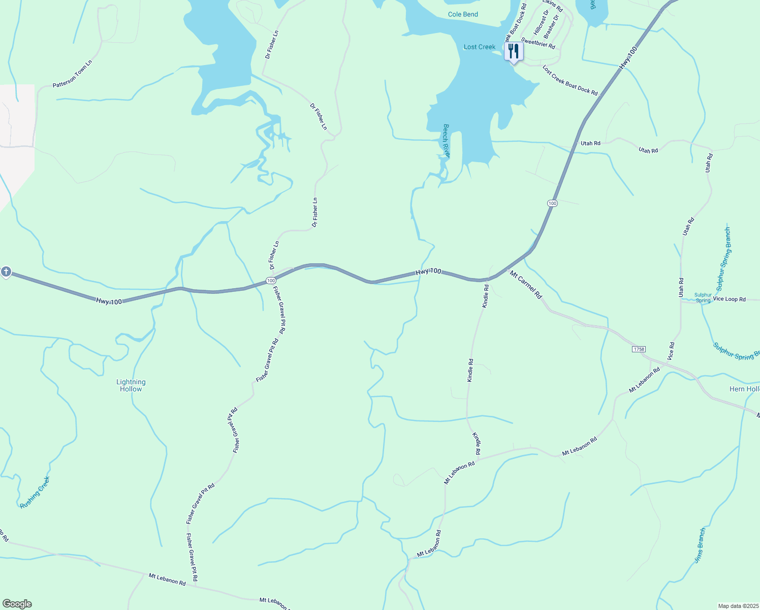 map of restaurants, bars, coffee shops, grocery stores, and more near 2520 Highway 100 in Decaturville