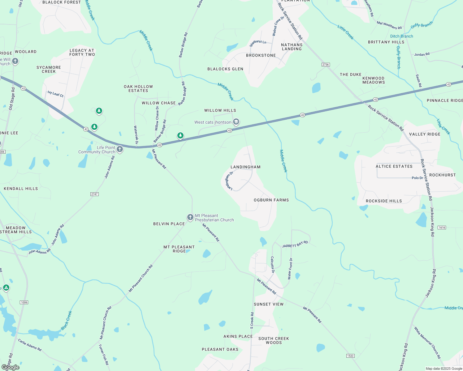 map of restaurants, bars, coffee shops, grocery stores, and more near 7032 Landingham Drive in Willow Spring