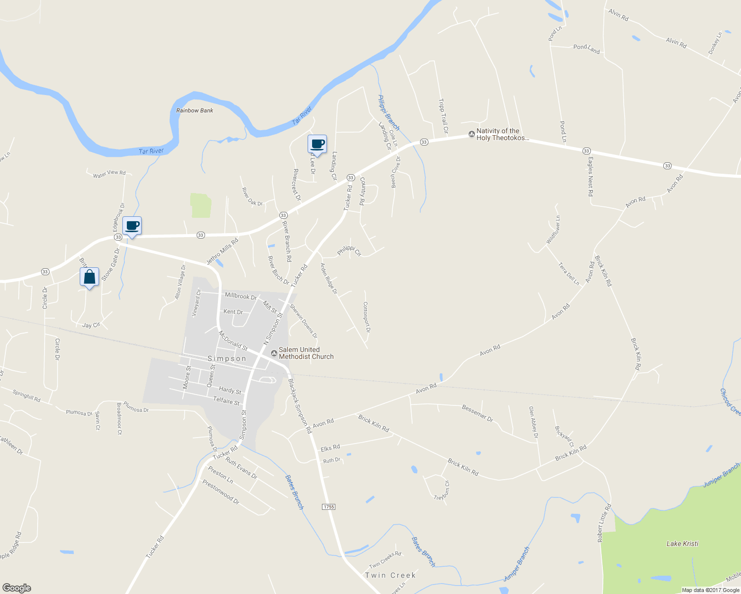 map of restaurants, bars, coffee shops, grocery stores, and more near 517 Cottonport Drive in Grimesland