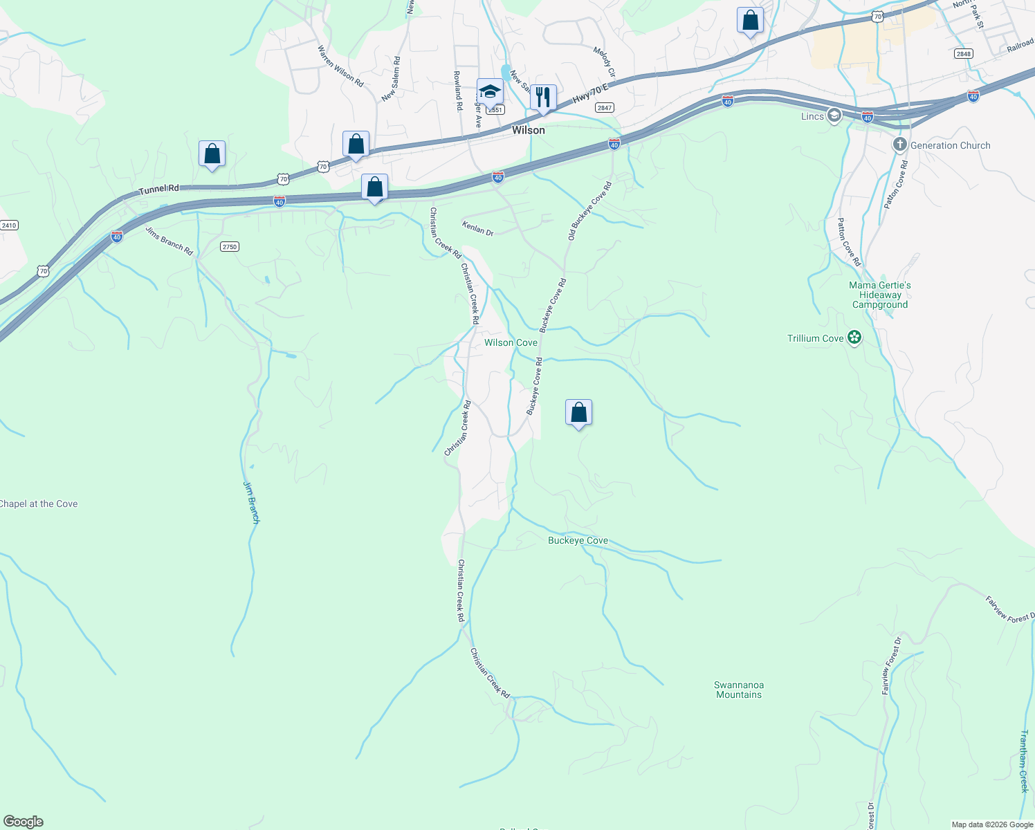 map of restaurants, bars, coffee shops, grocery stores, and more near 545 Buckeye Cove Road in Swannanoa