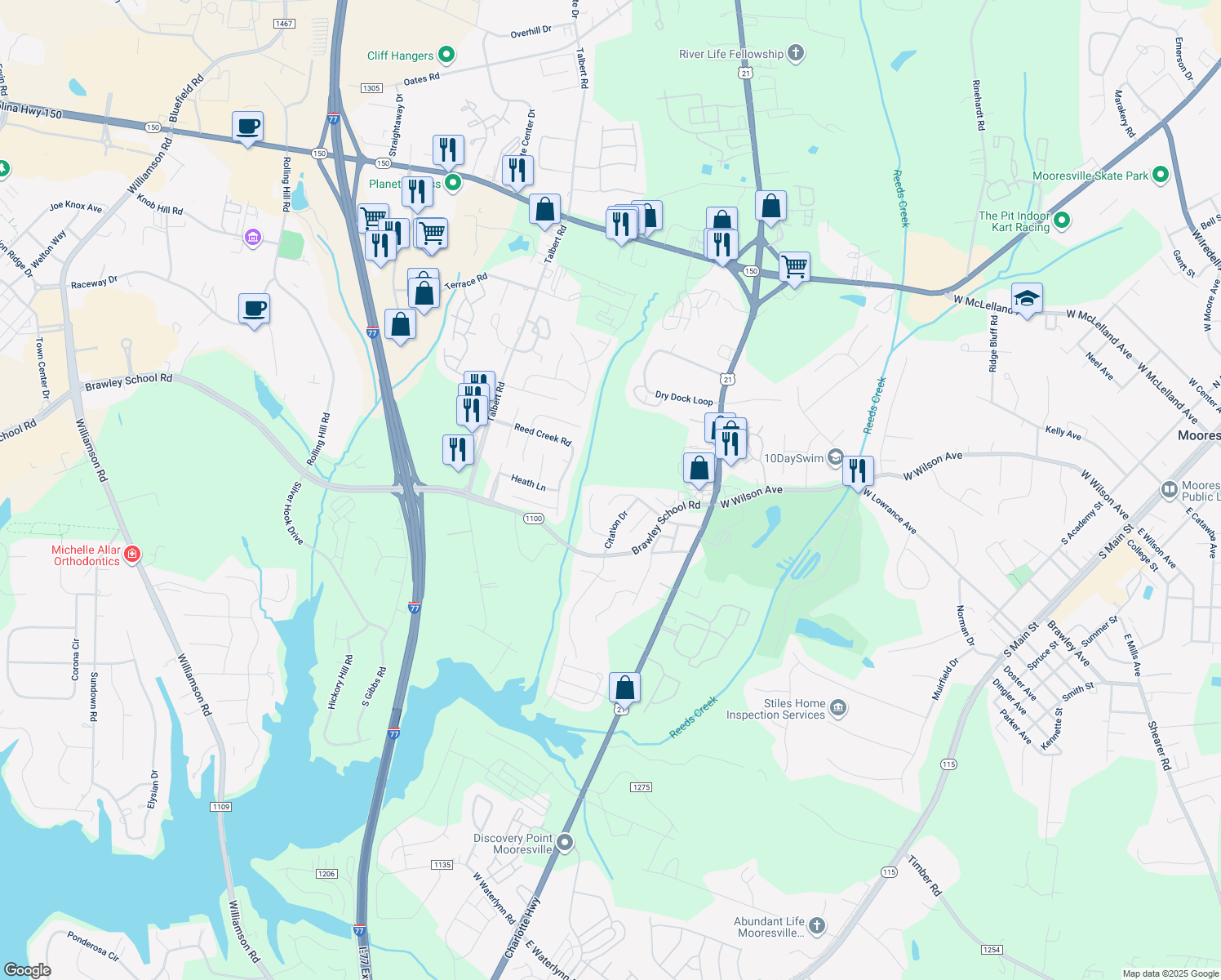 map of restaurants, bars, coffee shops, grocery stores, and more near 140 Round Keep Lane in Mooresville