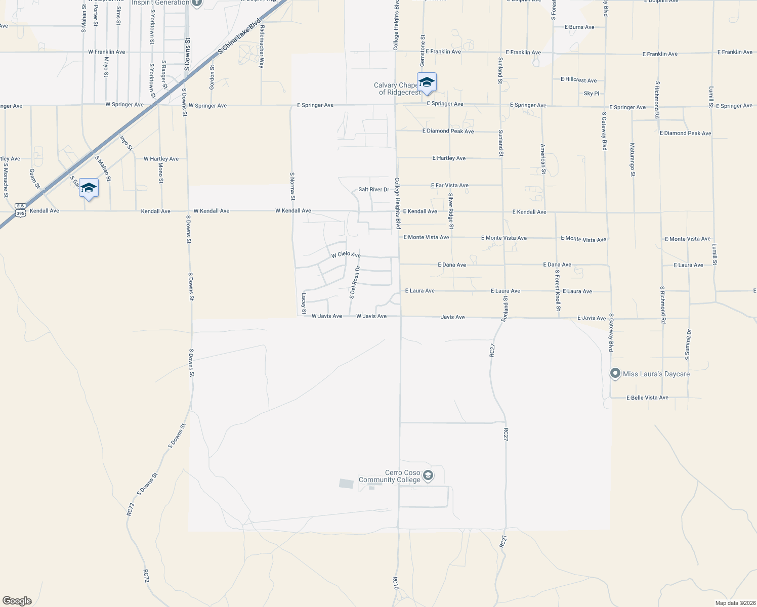 map of restaurants, bars, coffee shops, grocery stores, and more near 116 Brianna Street in Ridgecrest