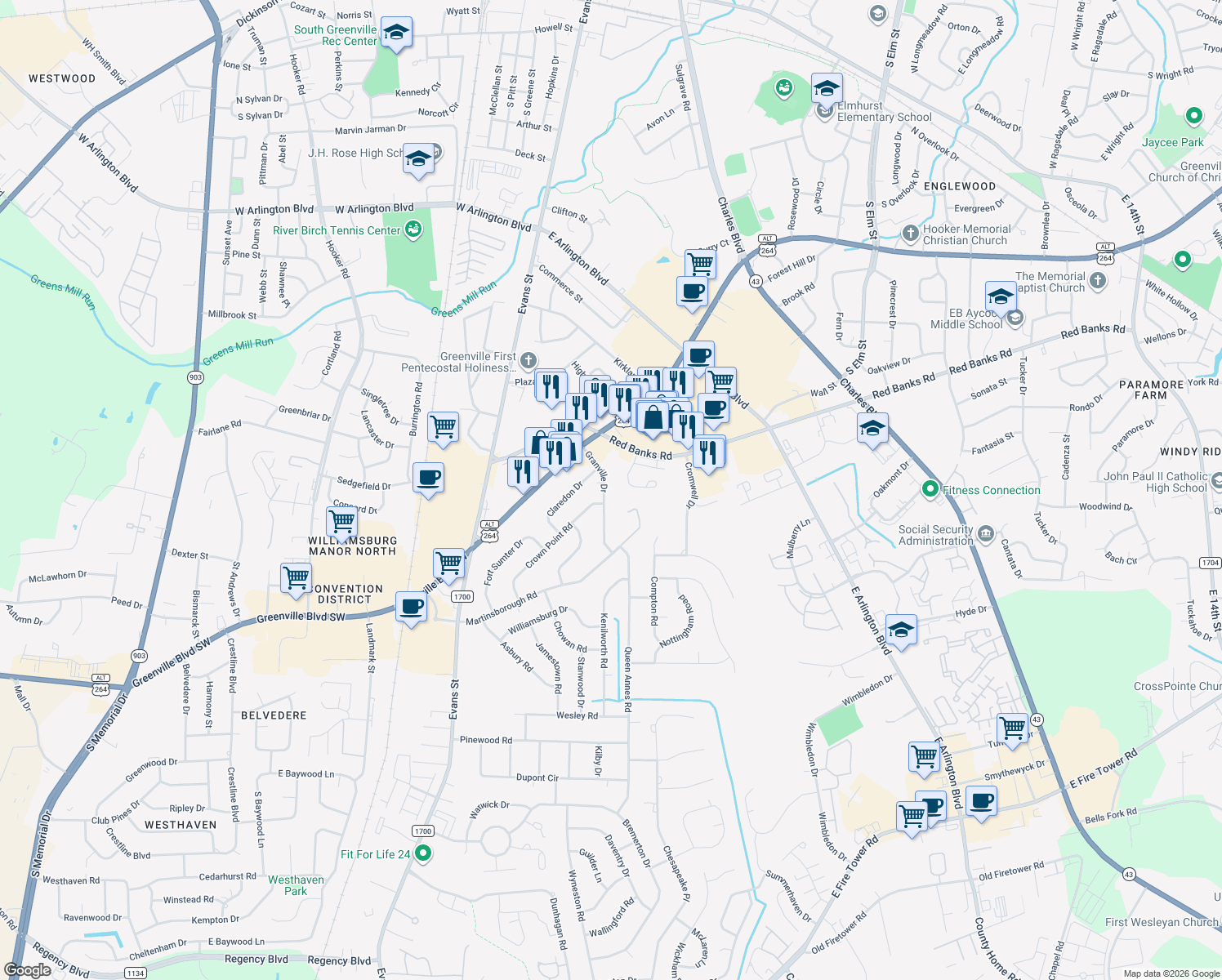 map of restaurants, bars, coffee shops, grocery stores, and more near 205 Granville Dr in Greenville