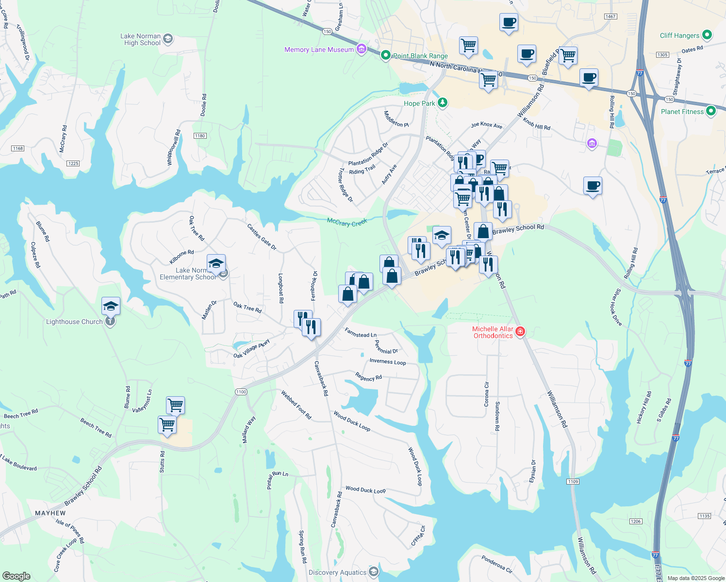 map of restaurants, bars, coffee shops, grocery stores, and more near 772 Brawley School Road in Mooresville