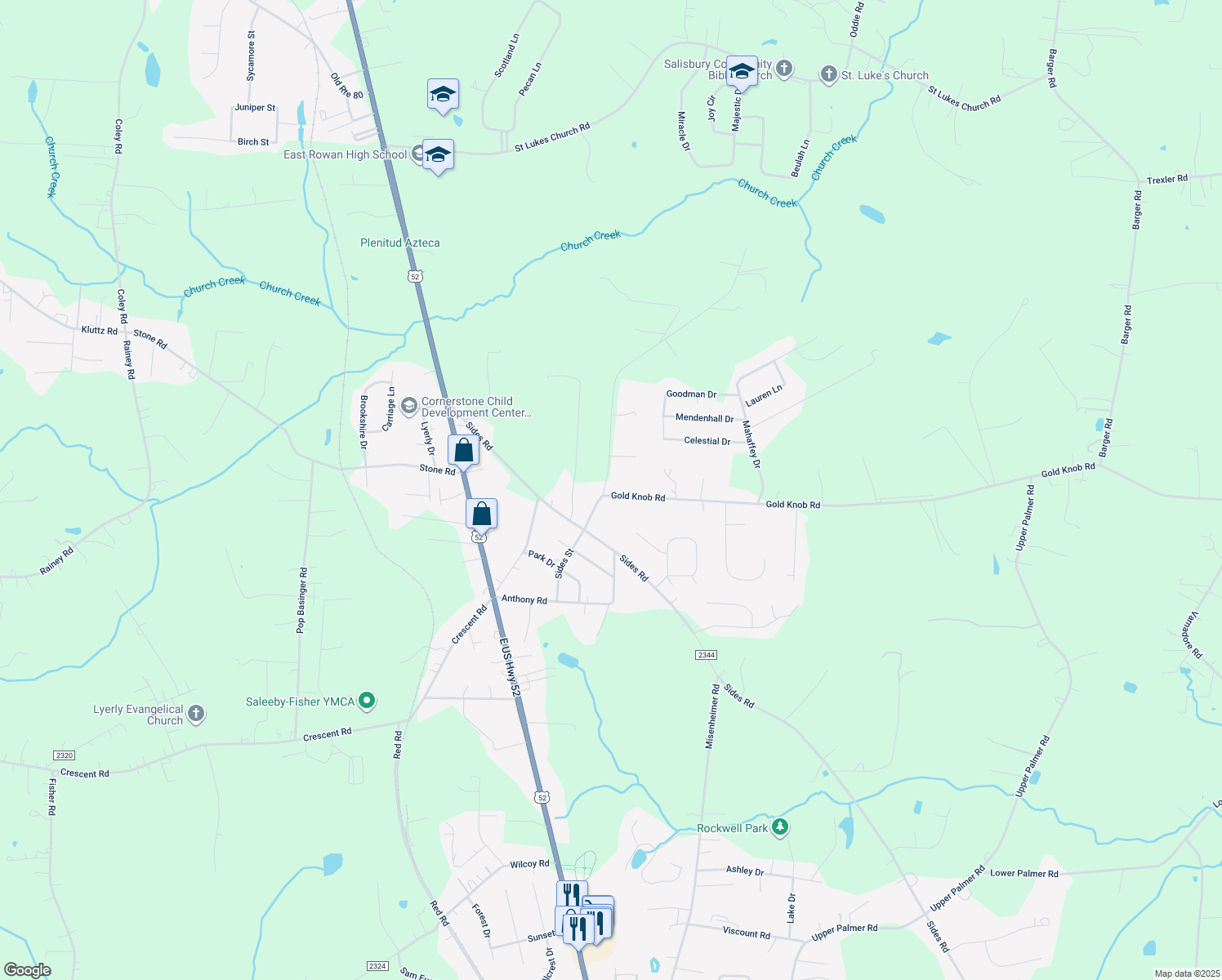 map of restaurants, bars, coffee shops, grocery stores, and more near 125 Luther Barger Road in Salisbury