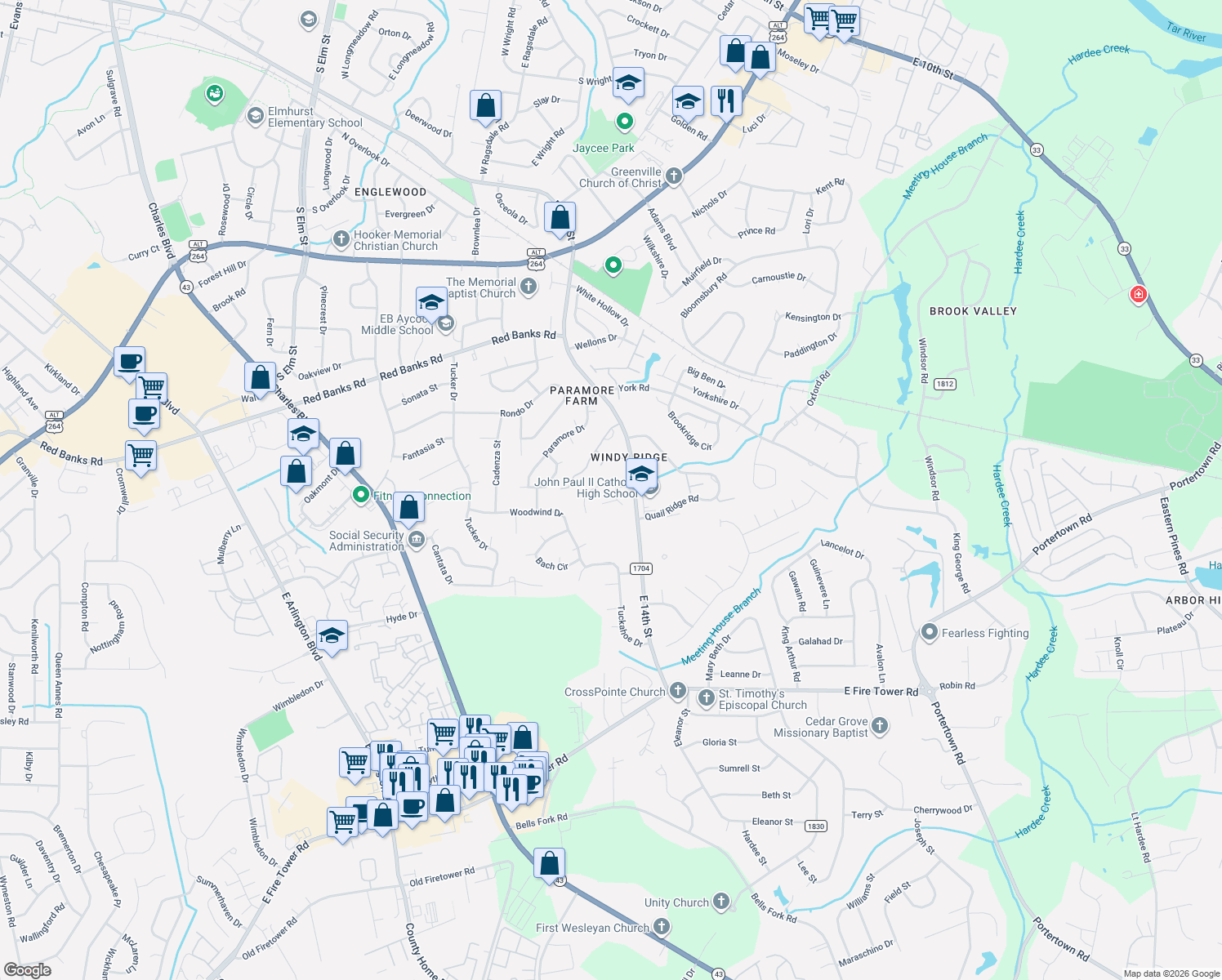 map of restaurants, bars, coffee shops, grocery stores, and more near 1698 Scarborough Road in Greenville