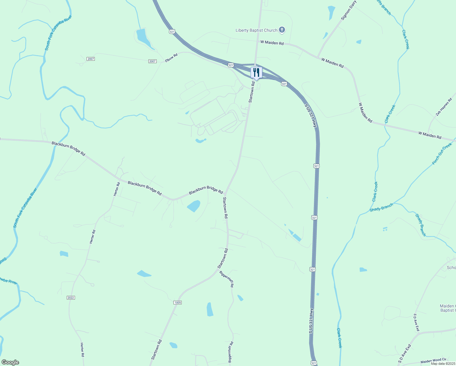 map of restaurants, bars, coffee shops, grocery stores, and more near 6279 Startown Road in Maiden