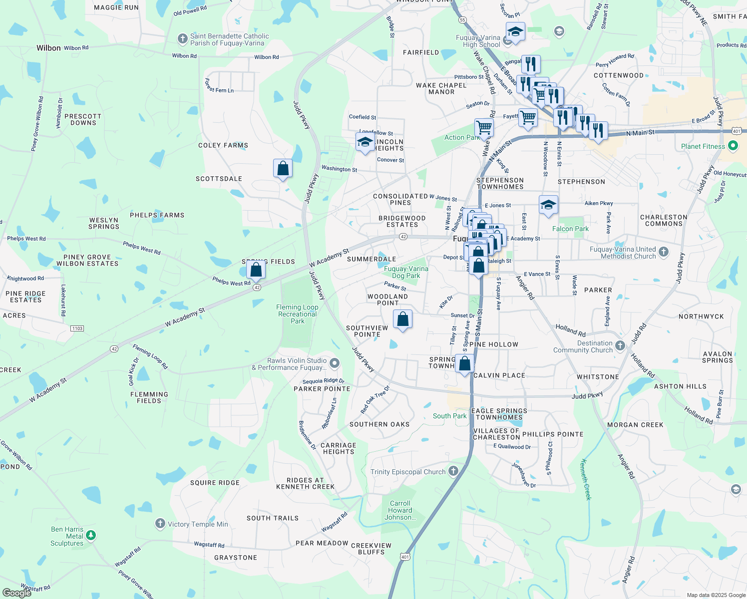 map of restaurants, bars, coffee shops, grocery stores, and more near 804 Sunset Drive in Fuquay Varina