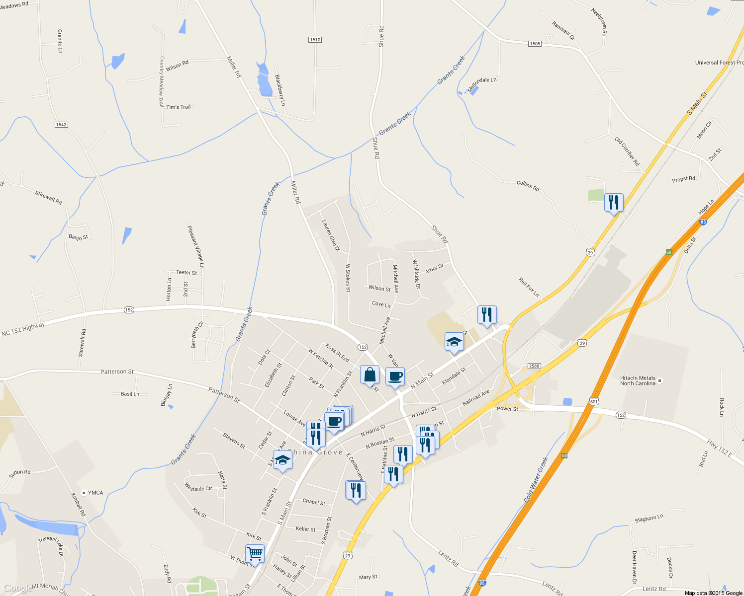 map of restaurants, bars, coffee shops, grocery stores, and more near 412 Cove Lane in China Grove