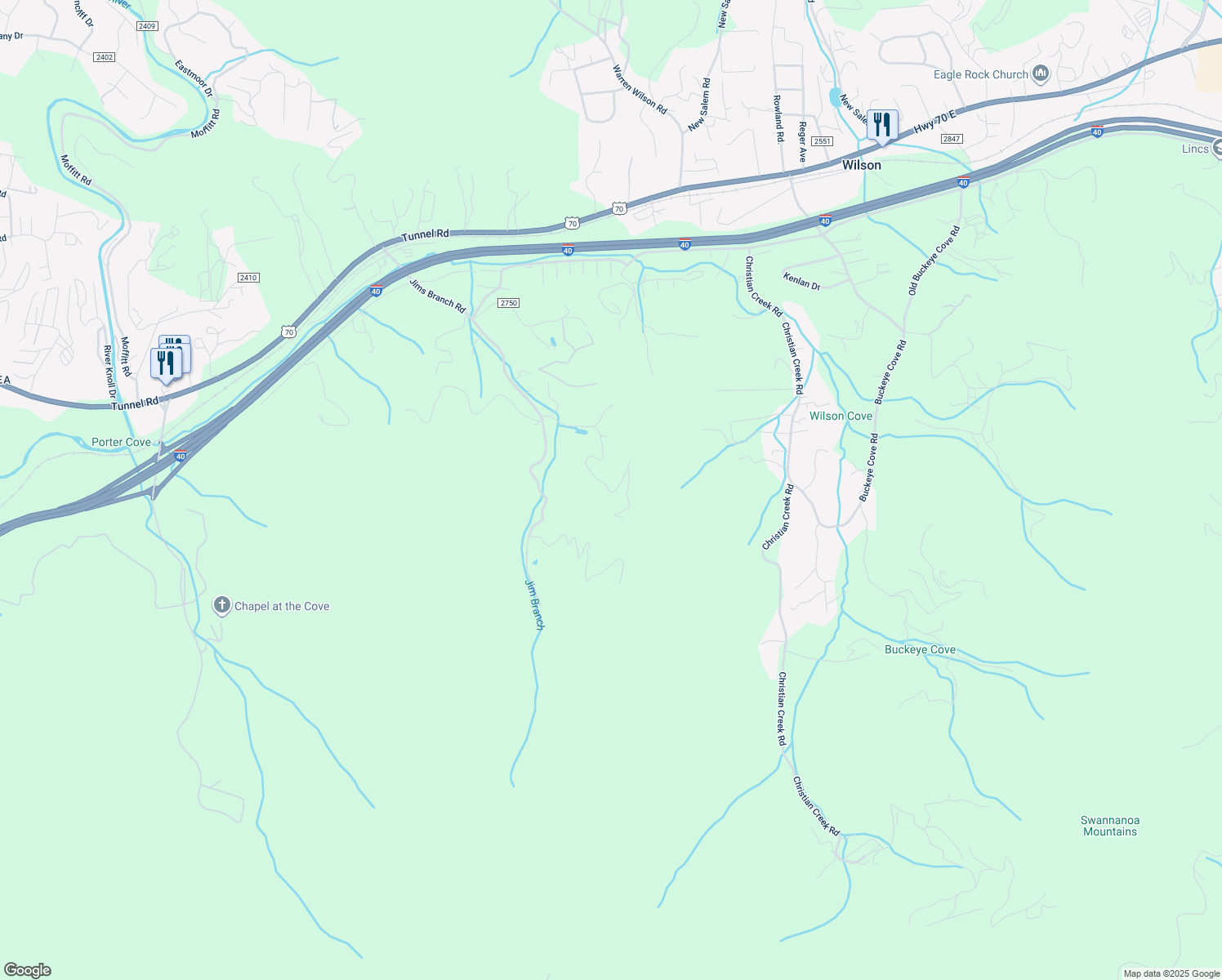 map of restaurants, bars, coffee shops, grocery stores, and more near 130 Dalya Road in Swannanoa