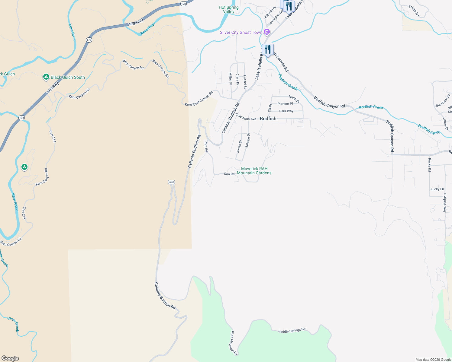 map of restaurants, bars, coffee shops, grocery stores, and more near 431 Rim Road in Bodfish