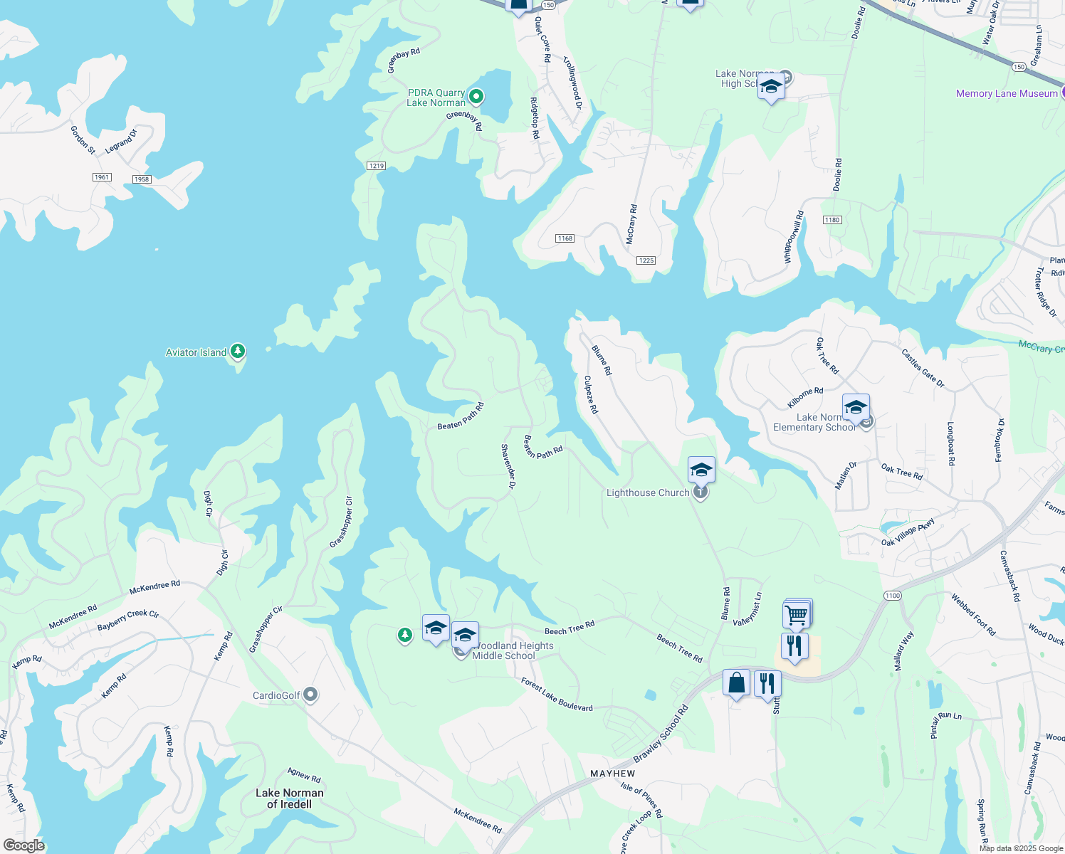 map of restaurants, bars, coffee shops, grocery stores, and more near Beaten Path Road in Mooresville