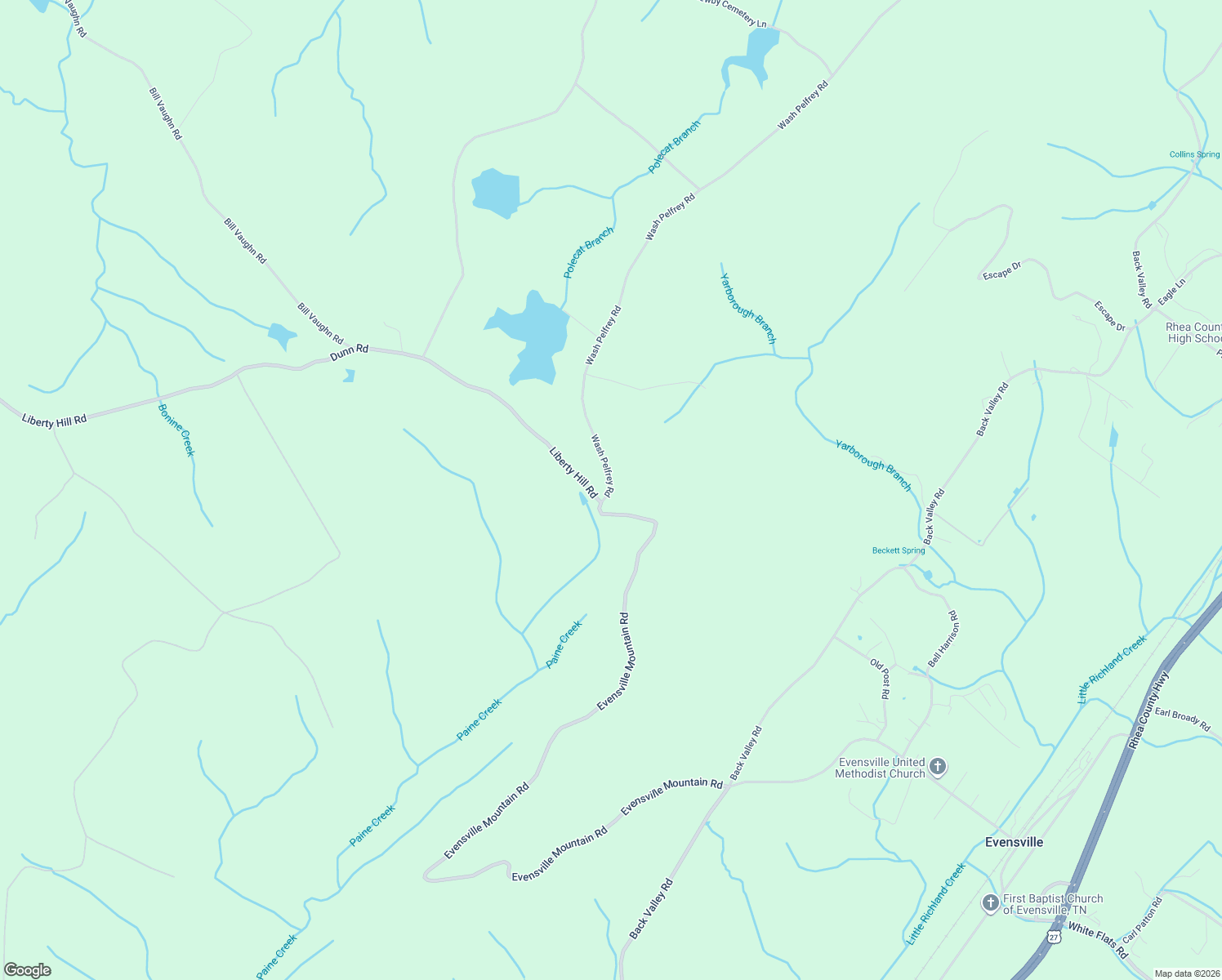 map of restaurants, bars, coffee shops, grocery stores, and more near Wash Pelfrey Road in Evensville