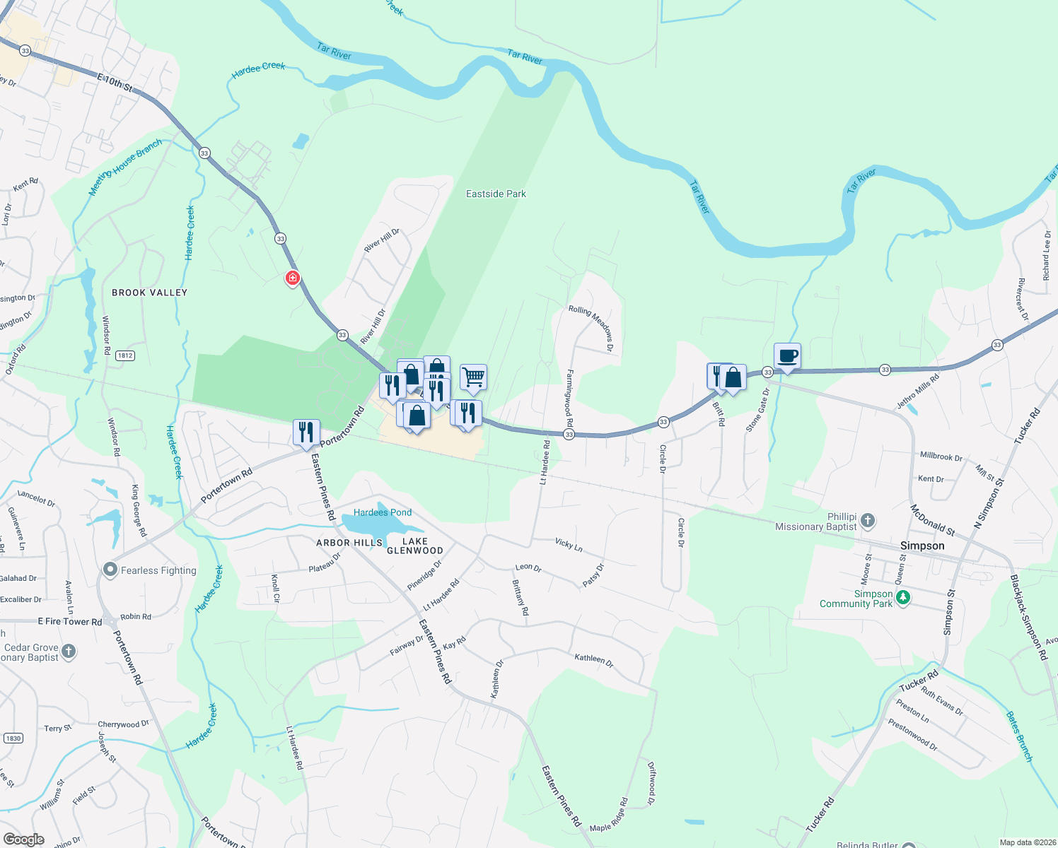 map of restaurants, bars, coffee shops, grocery stores, and more near 4661 East 10th Street in Greenville