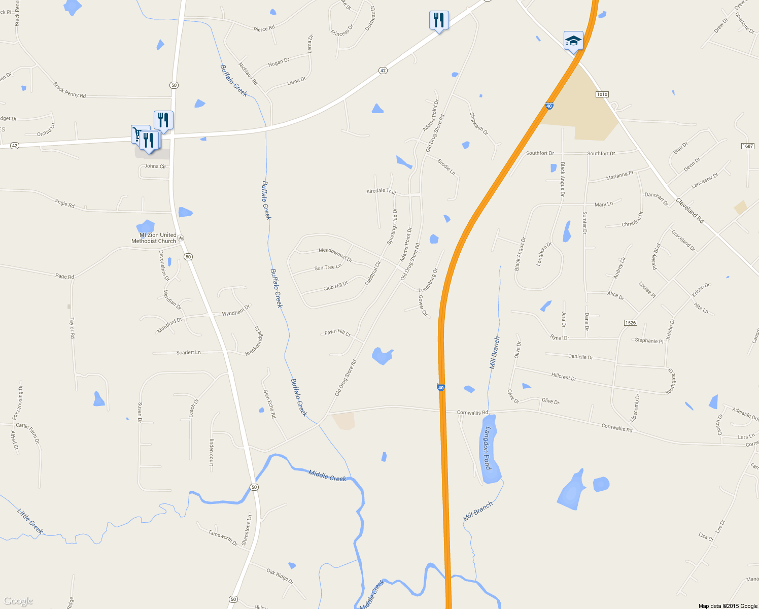 map of restaurants, bars, coffee shops, grocery stores, and more near 214 Adams Point Drive in Garner