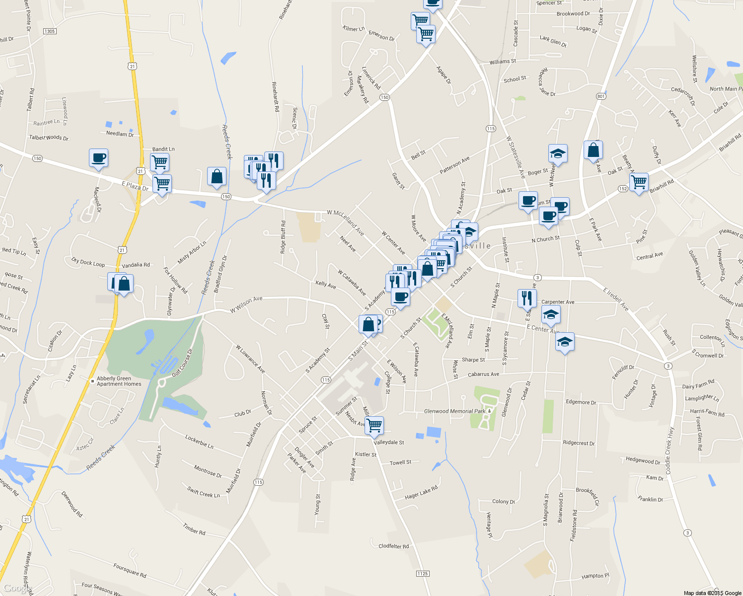 map of restaurants, bars, coffee shops, grocery stores, and more near 277 South Academy Street in Mooresville