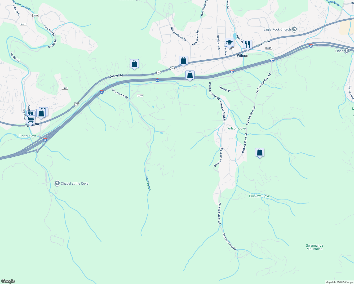 map of restaurants, bars, coffee shops, grocery stores, and more near 130 Dalya Road in Swannanoa