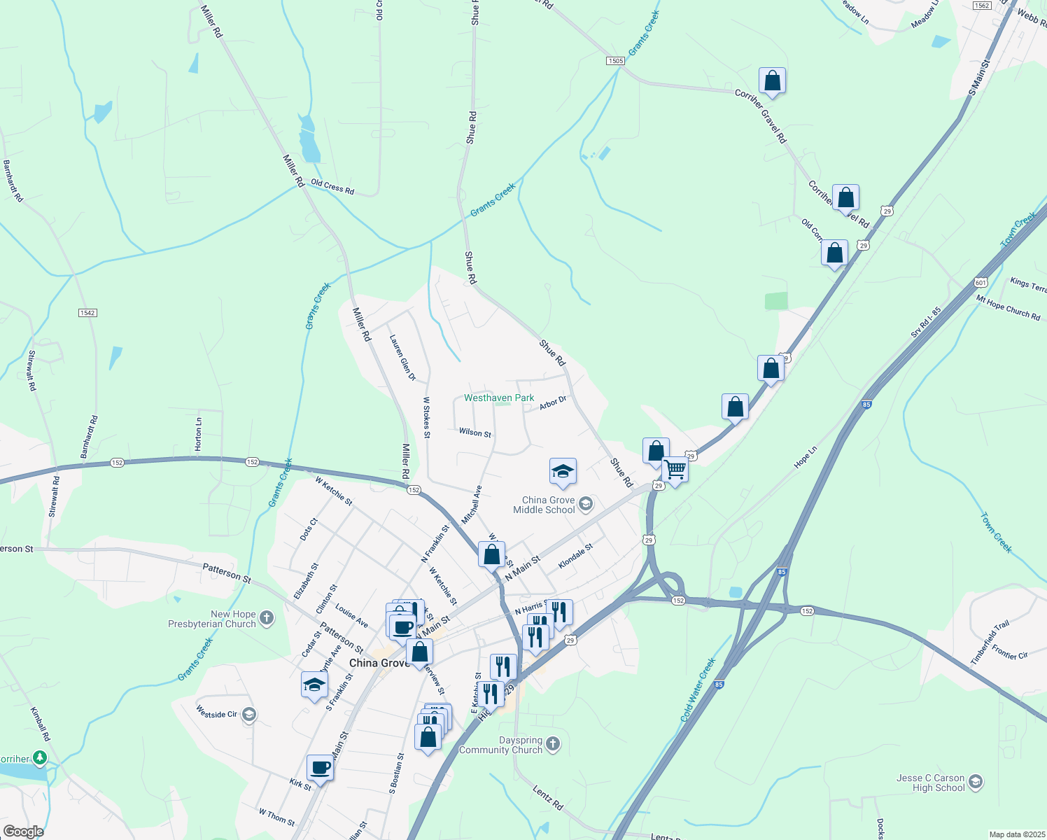 map of restaurants, bars, coffee shops, grocery stores, and more near West Hillside Drive in China Grove