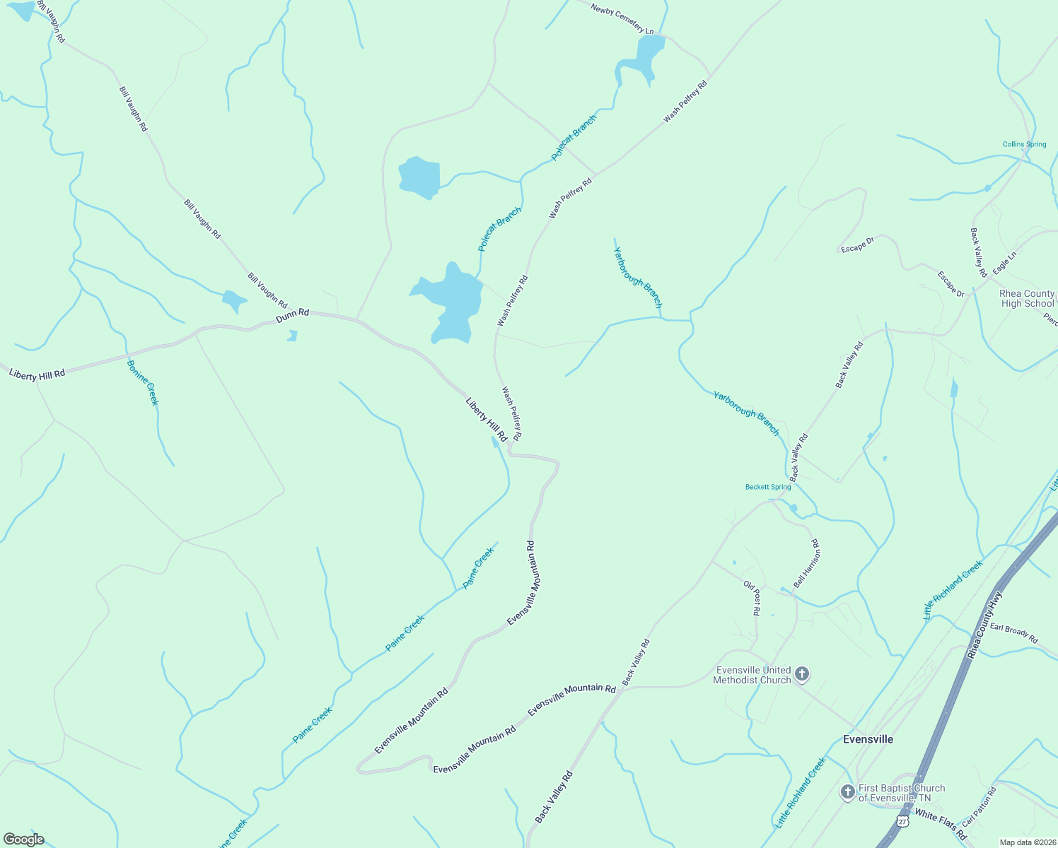 map of restaurants, bars, coffee shops, grocery stores, and more near 162 Wash Pelfrey Road in Evensville