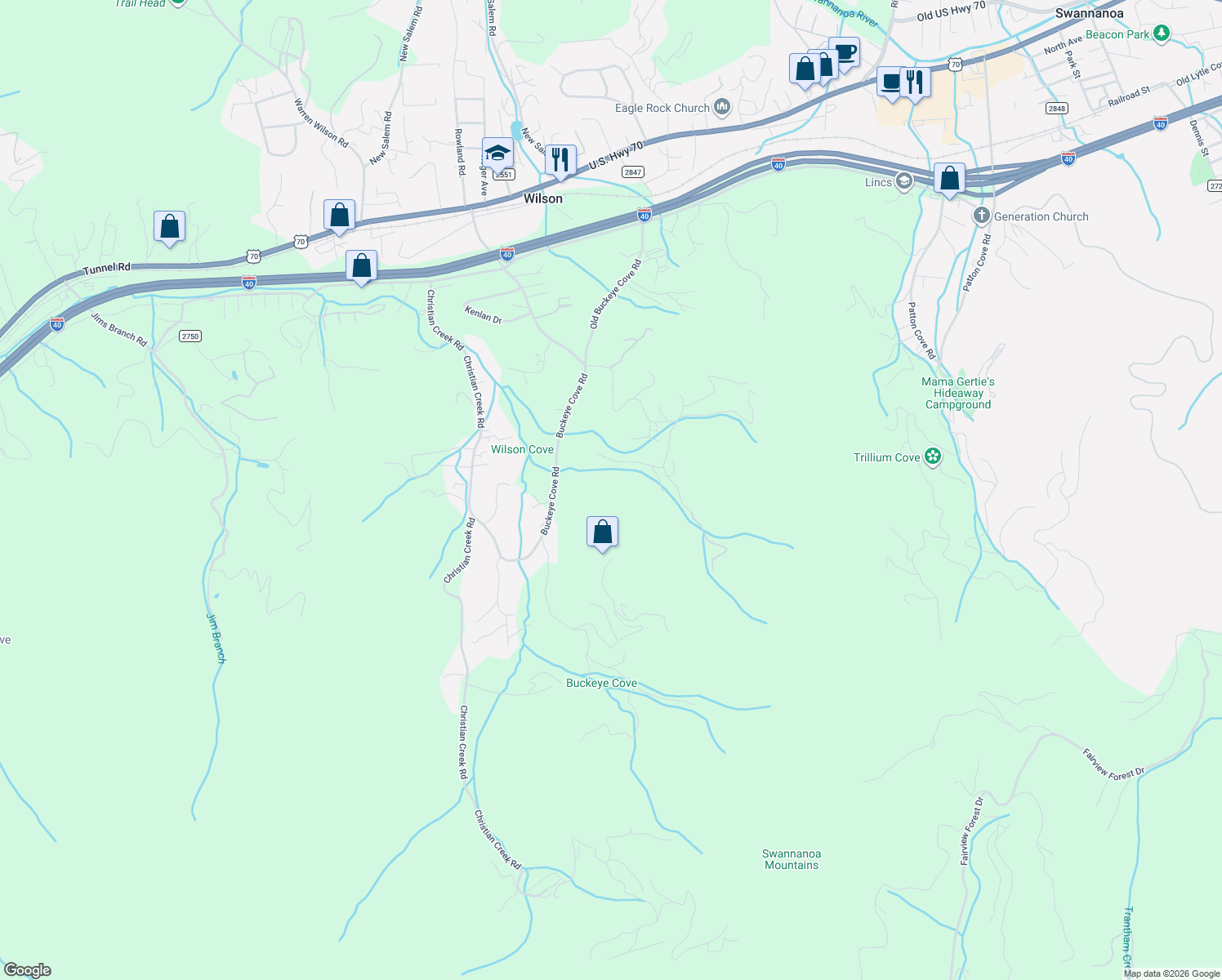 map of restaurants, bars, coffee shops, grocery stores, and more near 99999 Oak Ridge Road in Swannanoa