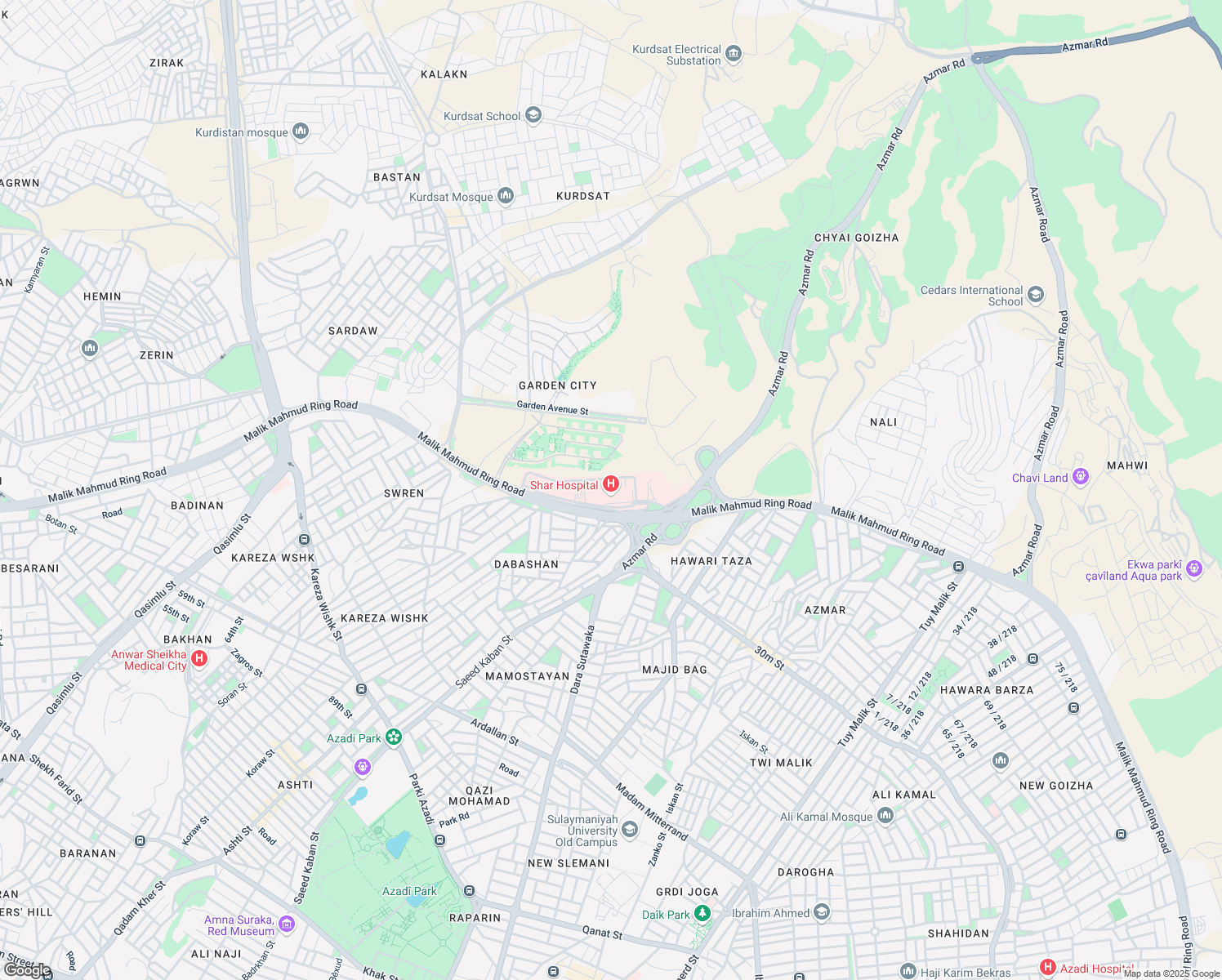 map of restaurants, bars, coffee shops, grocery stores, and more near Malik Mahmud Ring Road in Sulaymaniyah