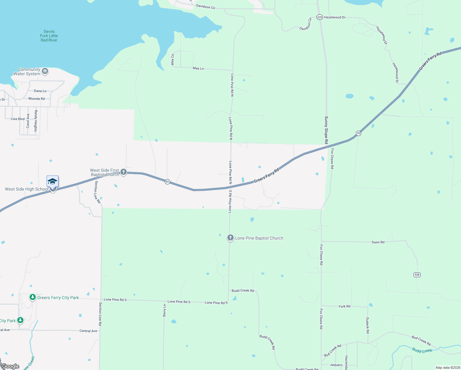 map of restaurants, bars, coffee shops, grocery stores, and more near 210 Lone Pine Road North in Greers Ferry