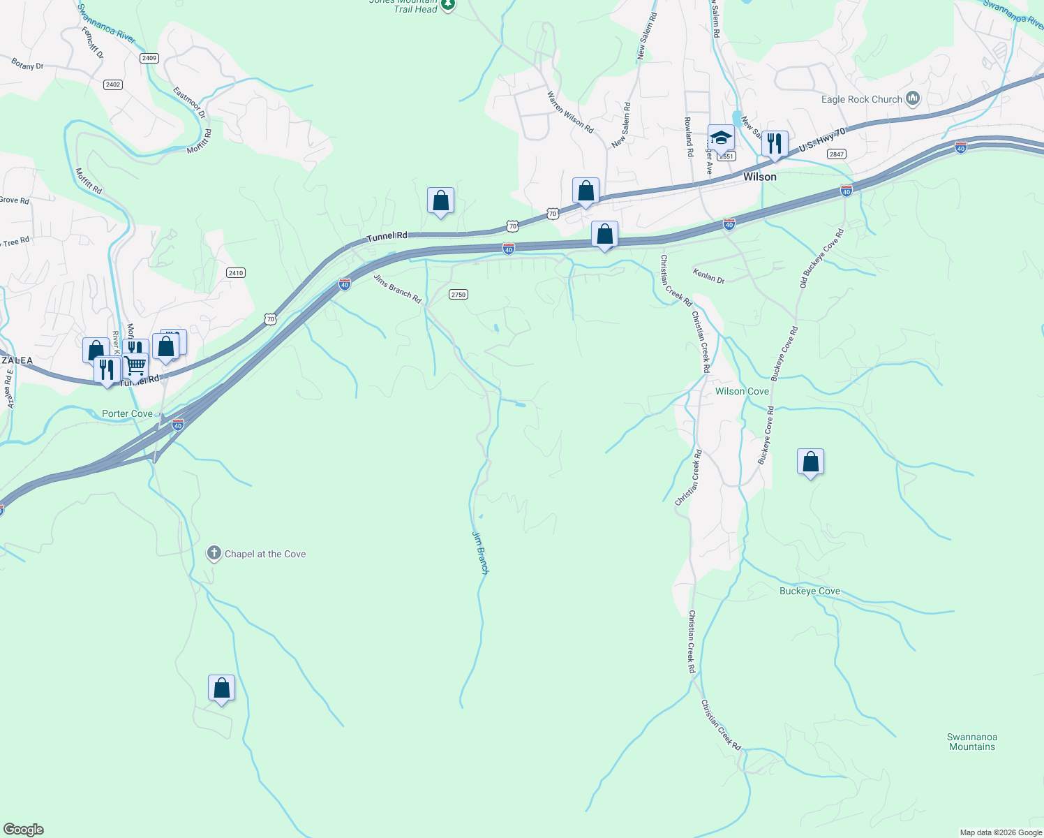 map of restaurants, bars, coffee shops, grocery stores, and more near 73 Dalya Road in Swannanoa