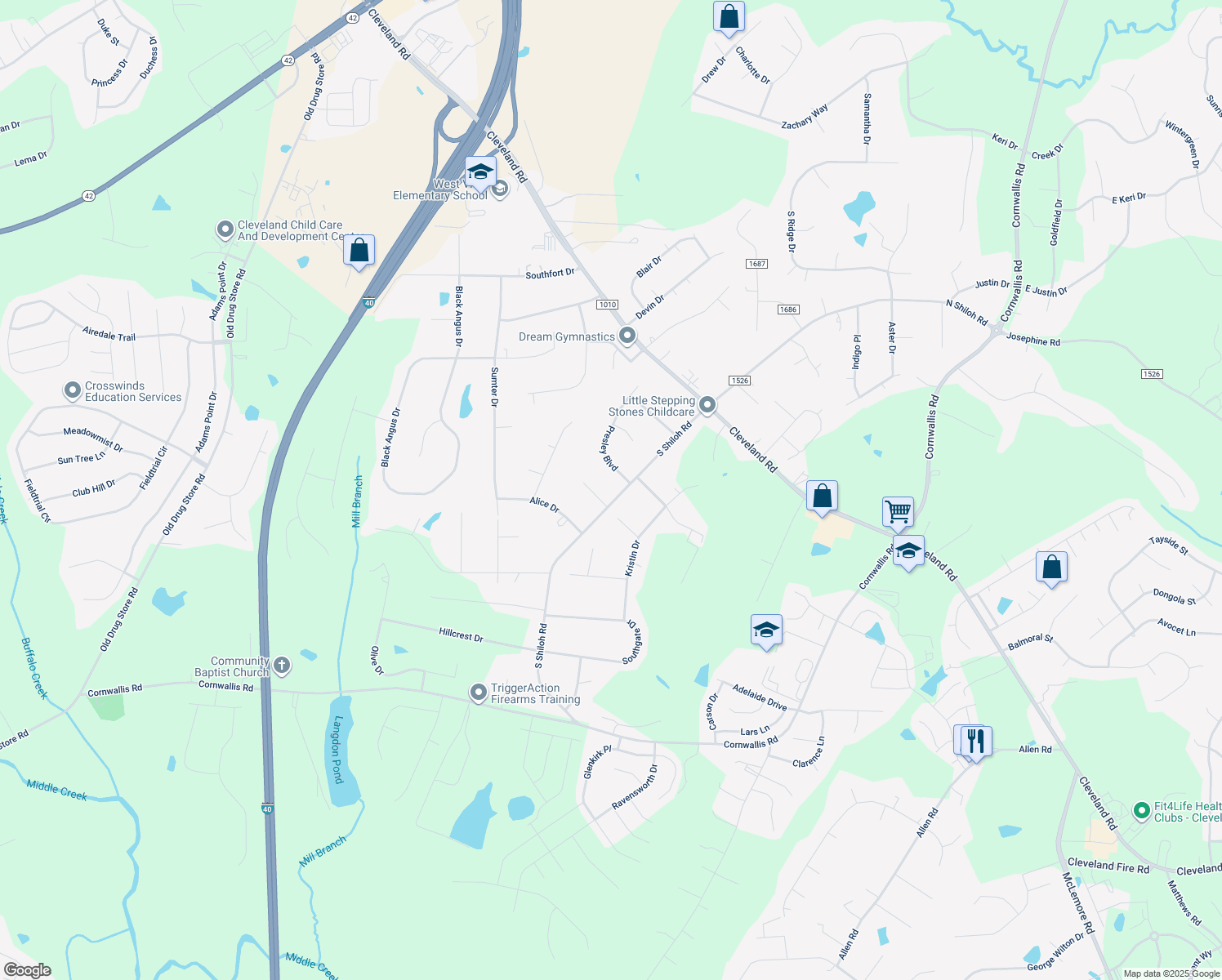 map of restaurants, bars, coffee shops, grocery stores, and more near 3786 South Shiloh Road in Garner
