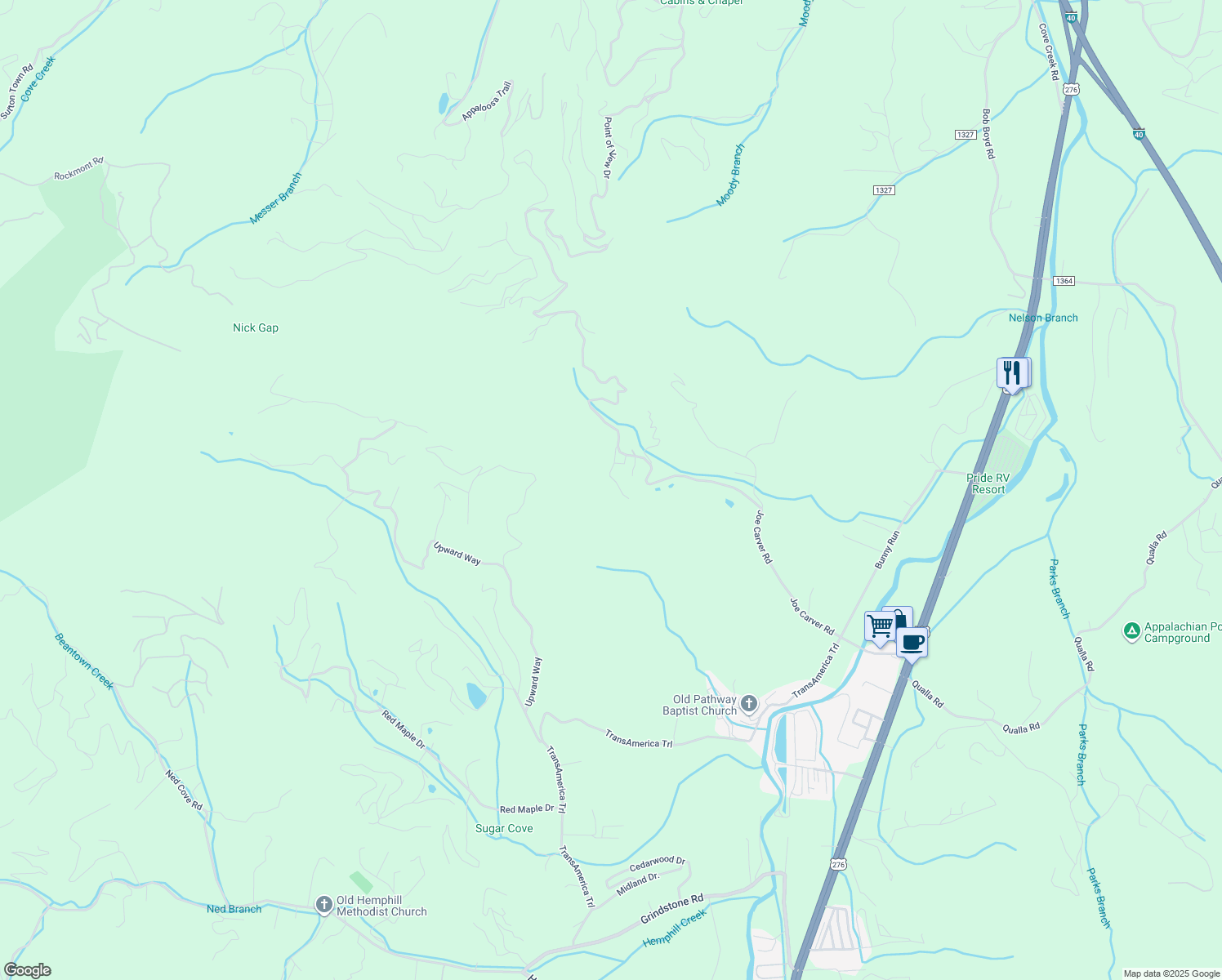 map of restaurants, bars, coffee shops, grocery stores, and more near 162 Lookout Lane in Waynesville