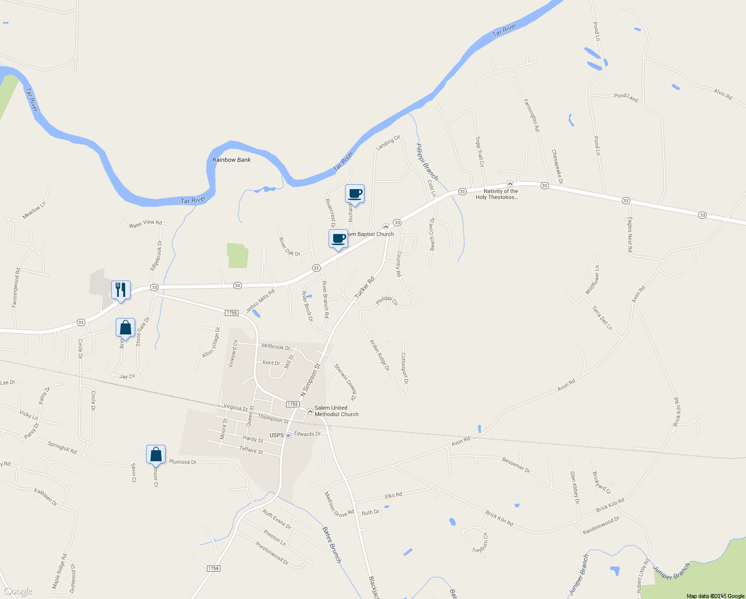 map of restaurants, bars, coffee shops, grocery stores, and more near 2829 Philippi Circle in Grimesland