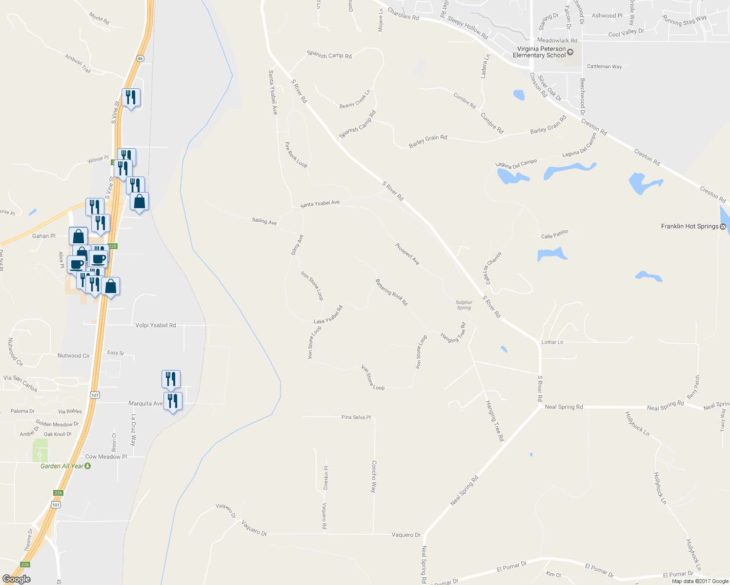 map of restaurants, bars, coffee shops, grocery stores, and more near 2264 Lake Ysabel Road in Templeton