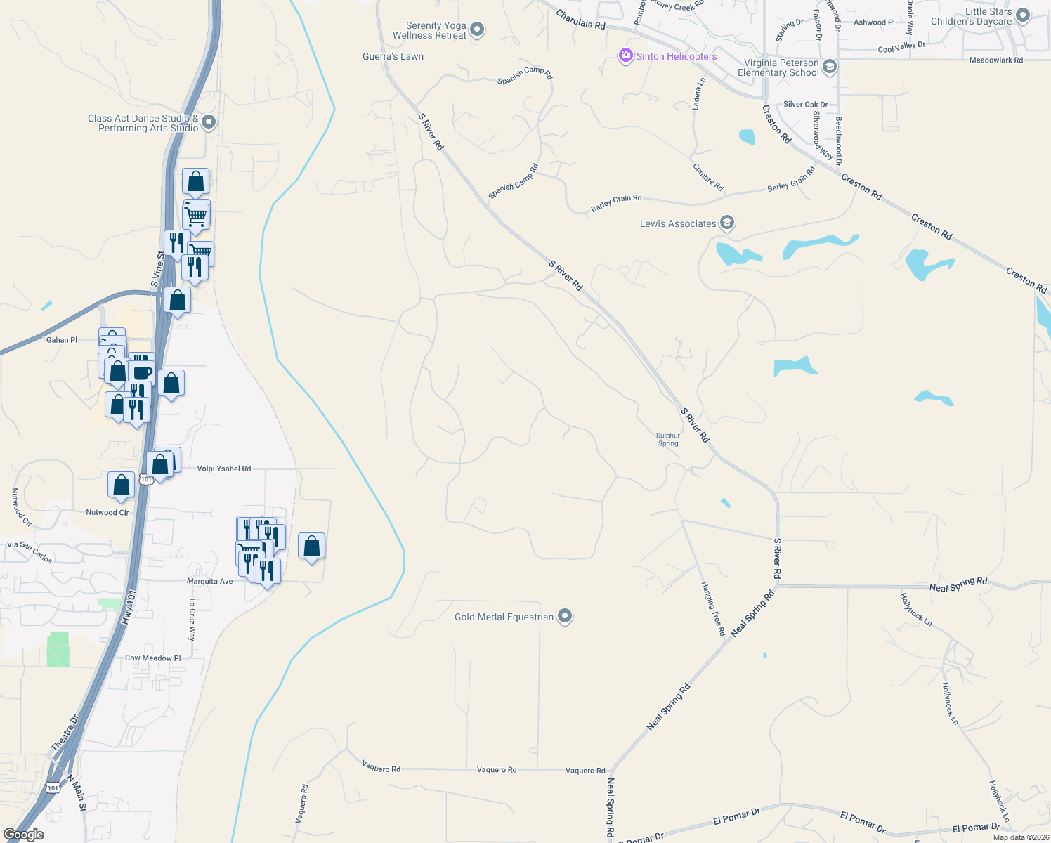 map of restaurants, bars, coffee shops, grocery stores, and more near 2264 Lake Ysabel Road in Templeton