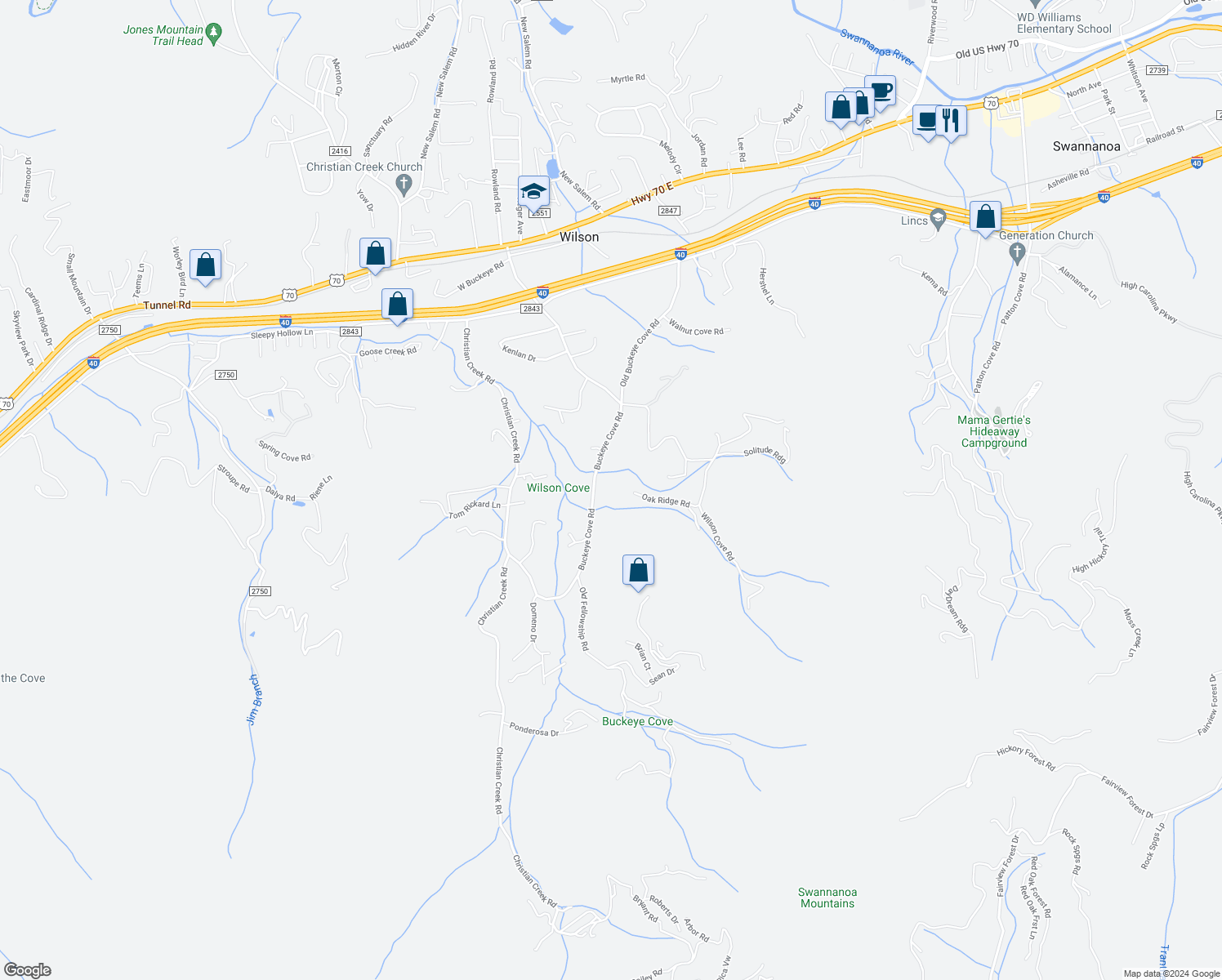 map of restaurants, bars, coffee shops, grocery stores, and more near 480 Buckeye Cove Road in Swannanoa