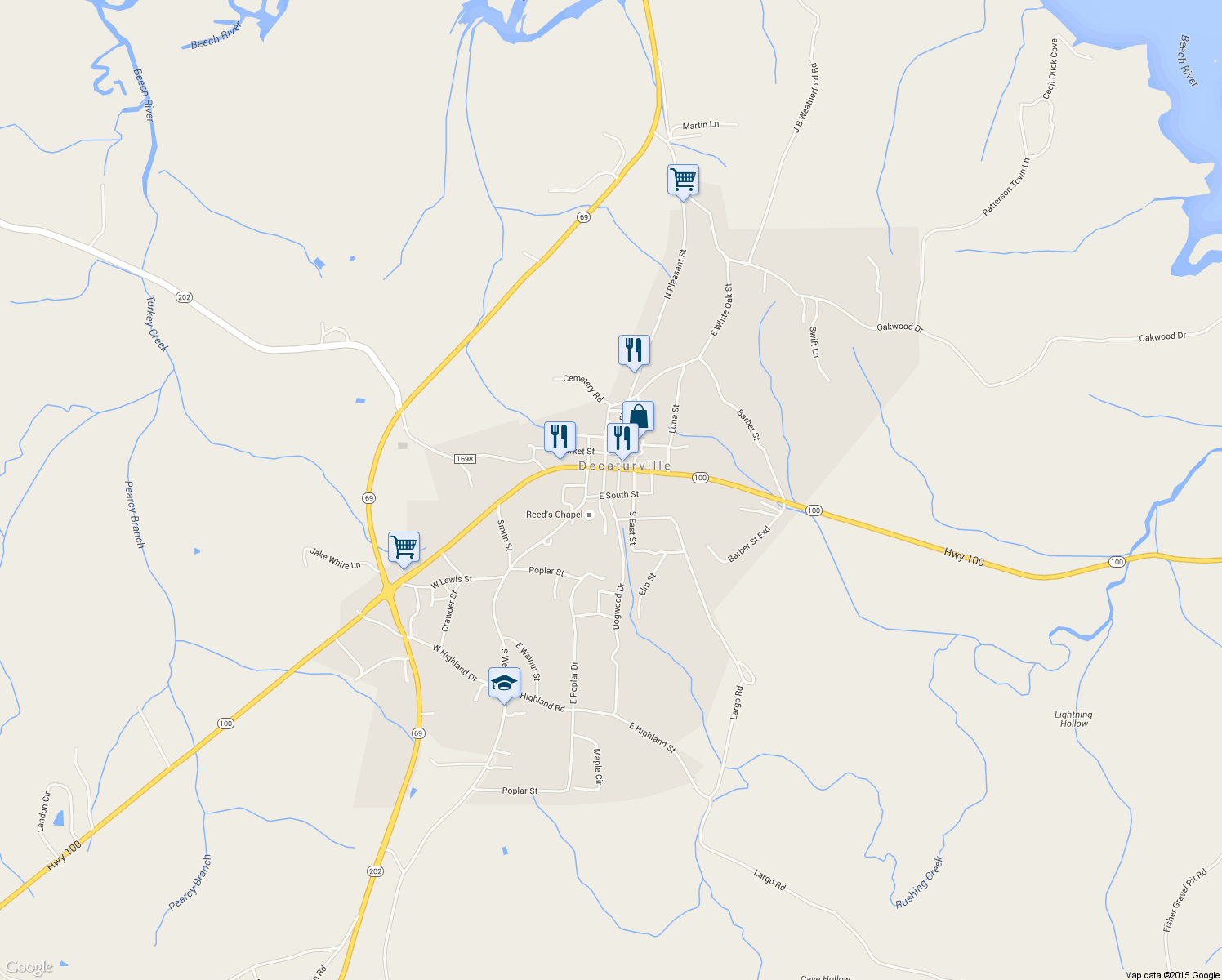 map of restaurants, bars, coffee shops, grocery stores, and more near 52 South Pleasant Street in Decaturville