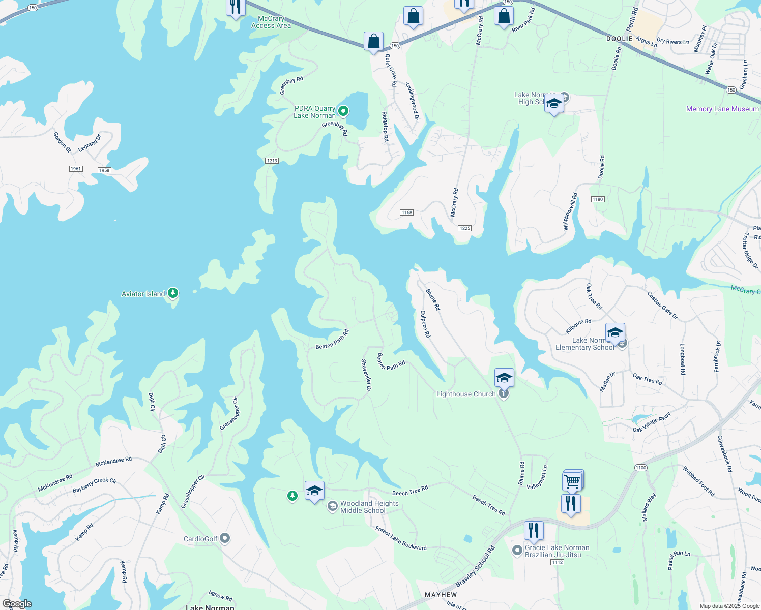 map of restaurants, bars, coffee shops, grocery stores, and more near 320 Beaten Path Road in Mooresville
