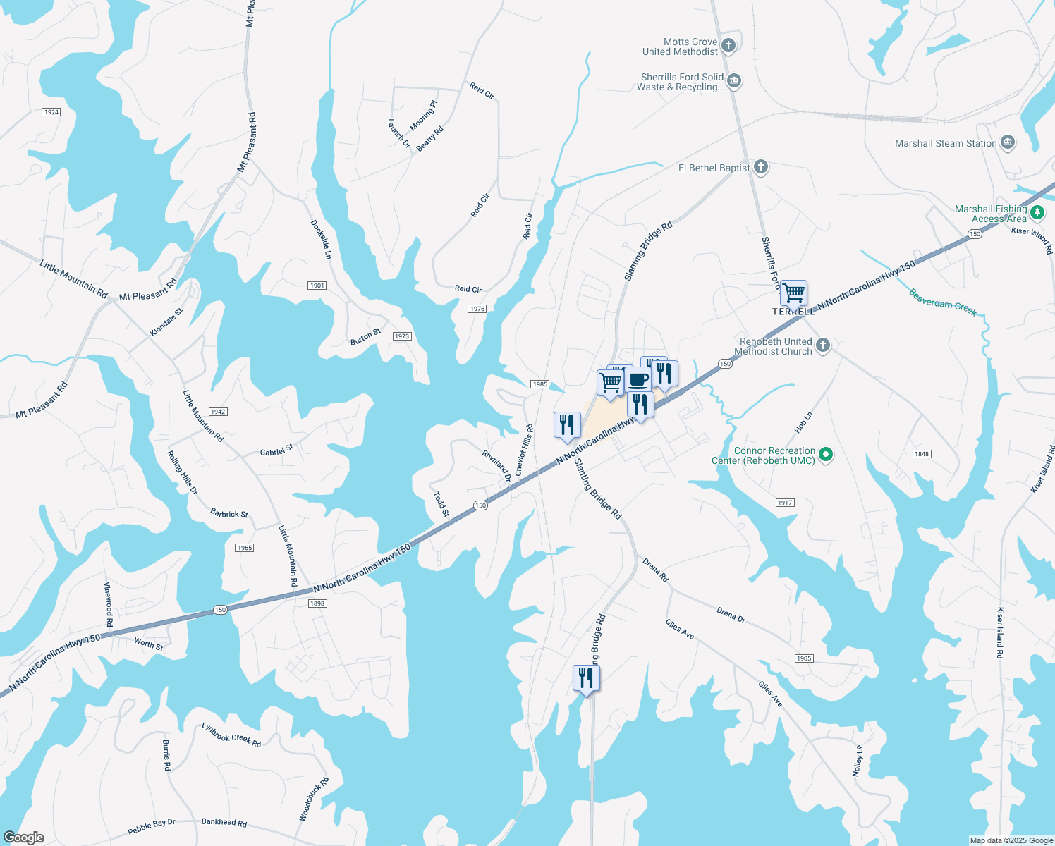 map of restaurants, bars, coffee shops, grocery stores, and more near 3663 Chevlot Hills Rd in Sherrills Ford