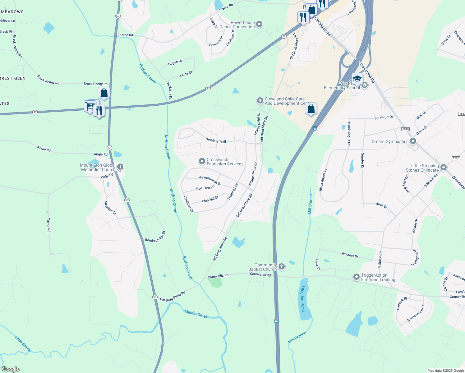map of restaurants, bars, coffee shops, grocery stores, and more near 30 Meadowmist Drive in Garner