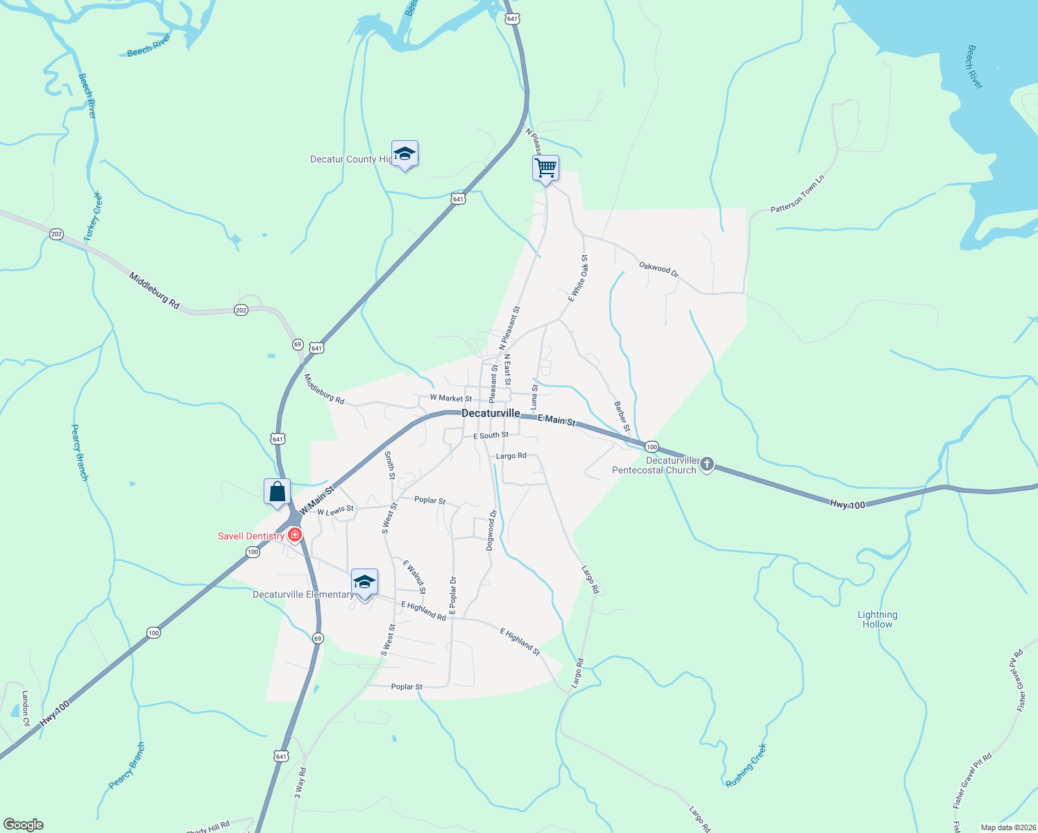 map of restaurants, bars, coffee shops, grocery stores, and more near S South St in Decaturville