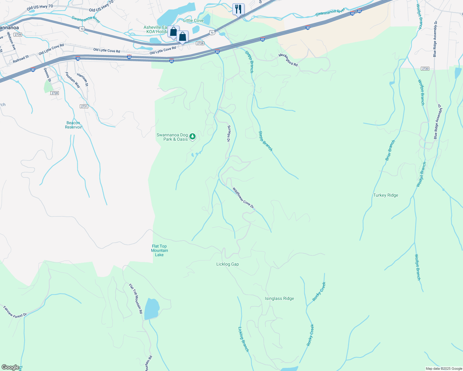 map of restaurants, bars, coffee shops, grocery stores, and more near Mountain Lily Ridge Drive in Swannanoa