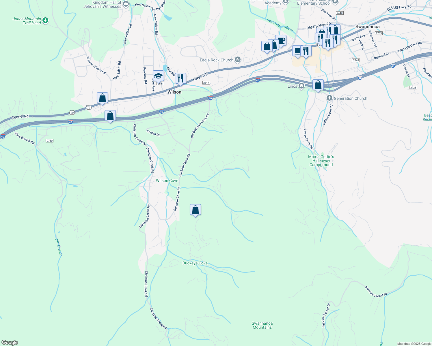 map of restaurants, bars, coffee shops, grocery stores, and more near 225 Wilson Cove Road in Swannanoa