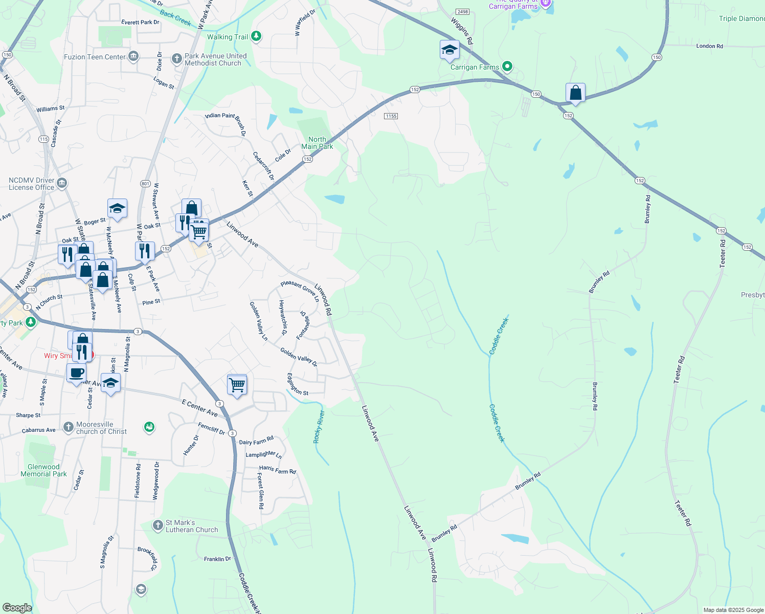 map of restaurants, bars, coffee shops, grocery stores, and more near 118 Lambeth Loop in Mooresville