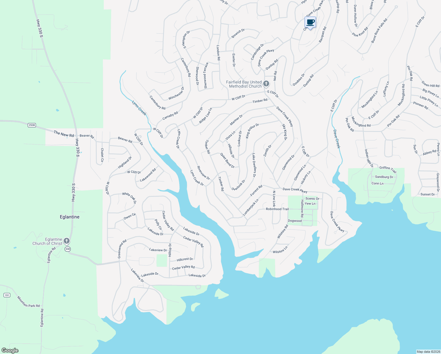 map of restaurants, bars, coffee shops, grocery stores, and more near 202 Overlook Drive in Fairfield Bay