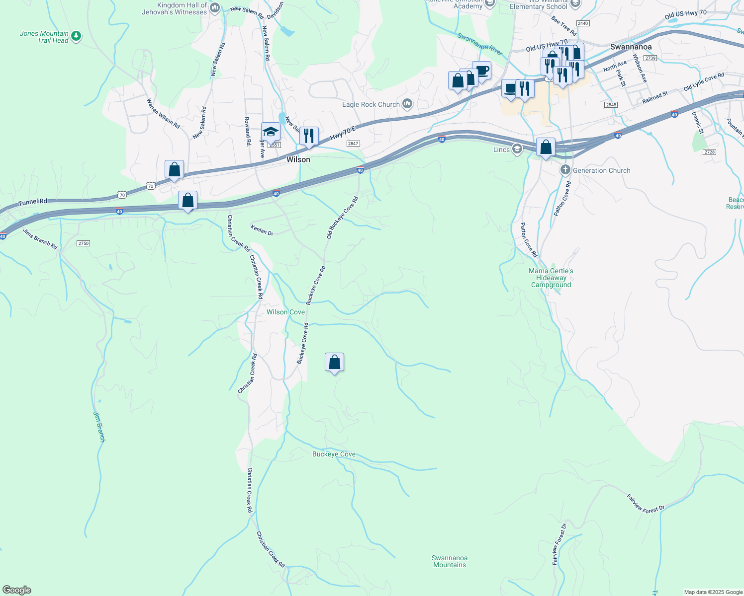 map of restaurants, bars, coffee shops, grocery stores, and more near 225 Wilson Cove Road in Swannanoa