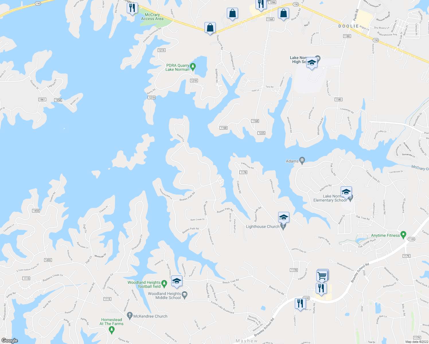 map of restaurants, bars, coffee shops, grocery stores, and more near 318 Beaten Path Road in Mooresville