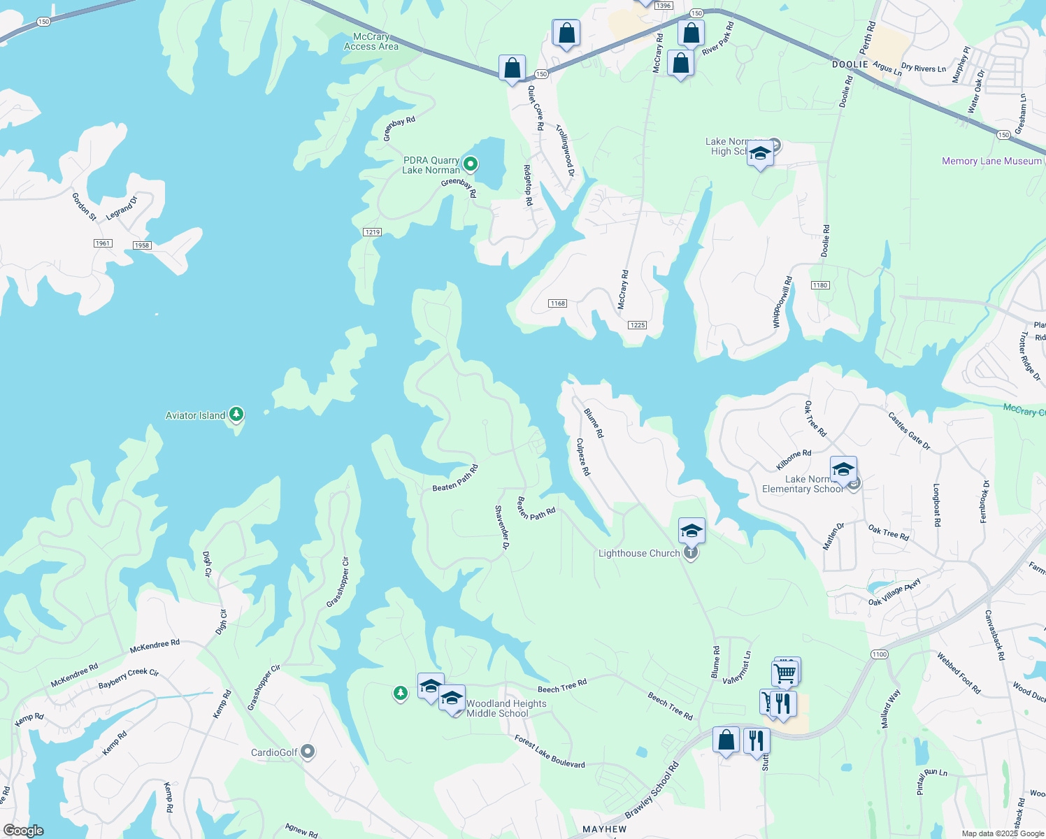 map of restaurants, bars, coffee shops, grocery stores, and more near 318 Beaten Path Road in Mooresville