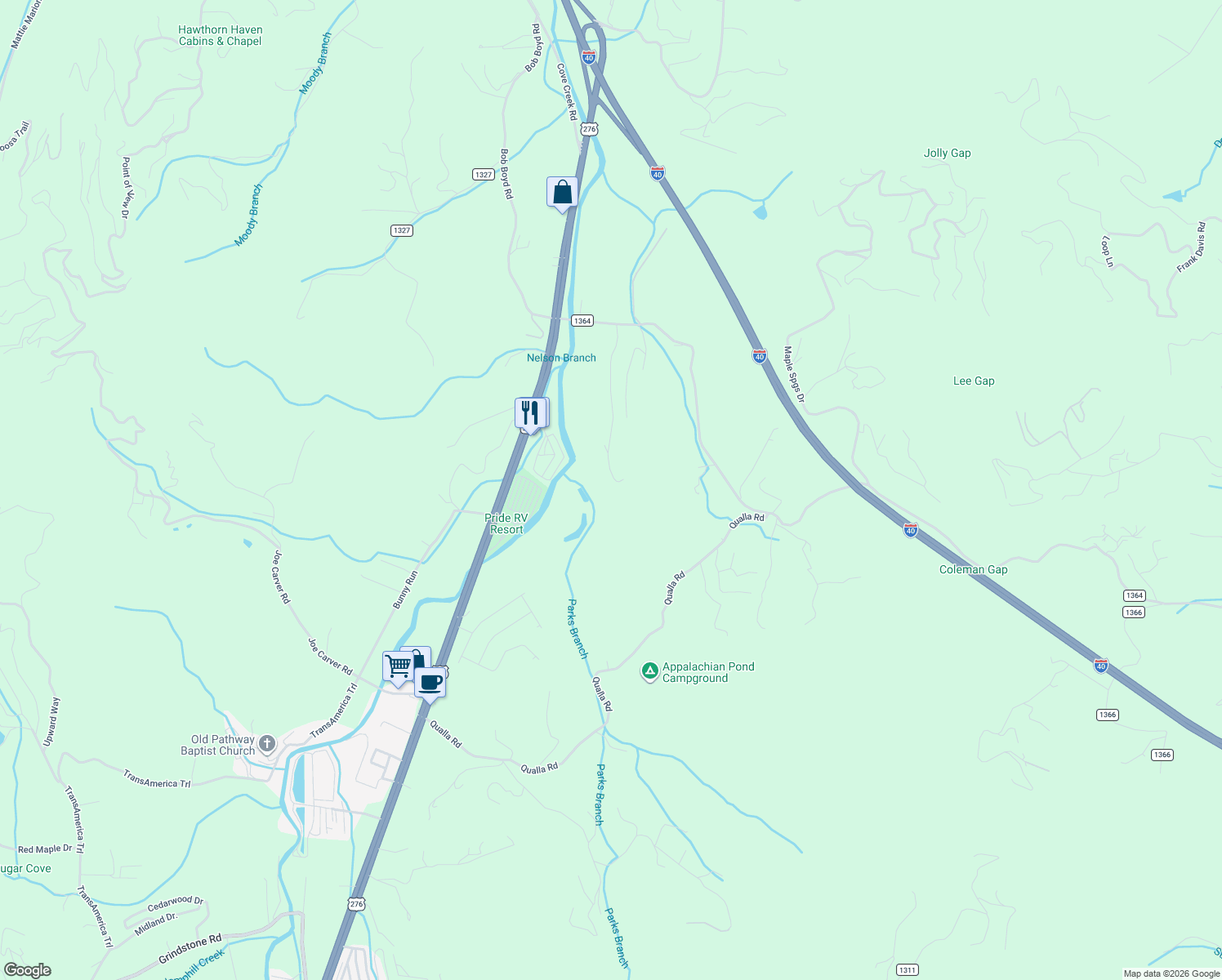 map of restaurants, bars, coffee shops, grocery stores, and more near 472 Shady Ridge Road in Waynesville