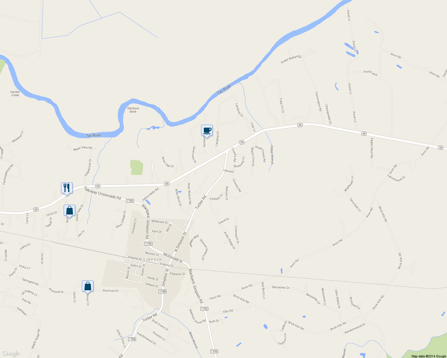 map of restaurants, bars, coffee shops, grocery stores, and more near 391 Tucker Rd in Grimesland